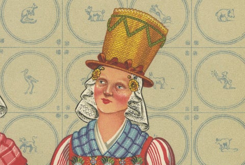 Chromolithograph of Frisian Women in Tall Sunday Hats and Checked Aprons, 1932, close-up 4