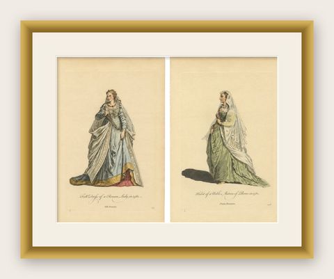 Roman Noblewomen Costume Engravings, Hand-Colored, Rome 1581- Published 1749, shown framed
