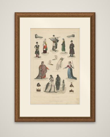 Antique Costume Print Including Costumes of Greece, Spain, Peru and Others, shown framed