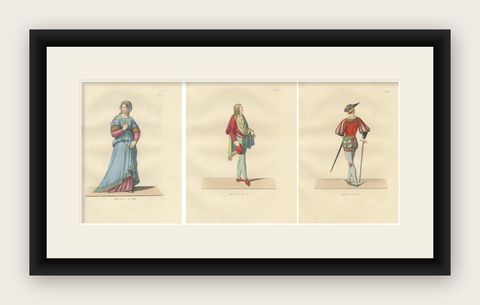 Italian Renaissance Dress: Noblewoman, Page, and Soldier in Fine Detail, 1845, shown framed