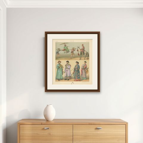 Pl. 57 Antique Print of Asian Costumes by Racinet, 'circa 1880', shown framed on a wall