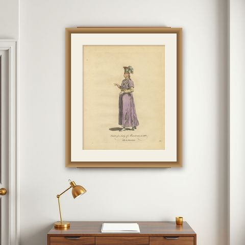 Antique Costume Print Lady of Macedonia Traditional Dress Jefferys, 1749, shown framed on a wall