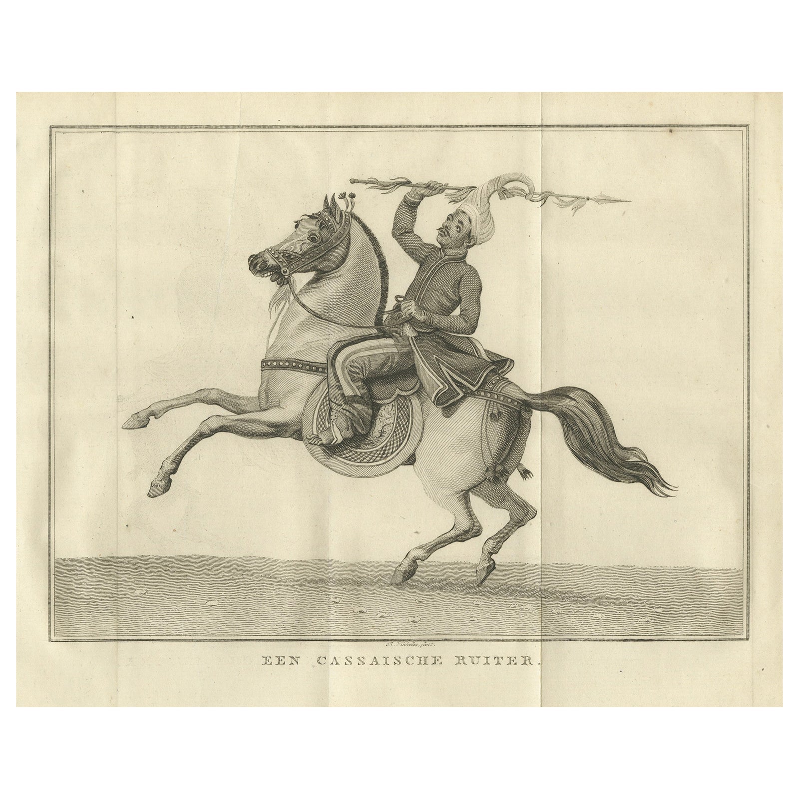 Mounted Warrior of the Kassai Region, Antique Costume Print, circa 1800