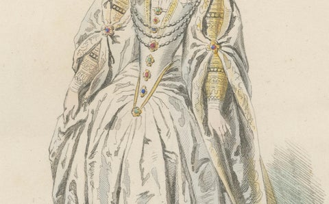 Antique French Costume Print of Marguerite Duchesse de Savoie, Renaissance Dress, close-up 2