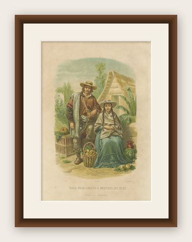 Original Antique Costume Print of Peruvian Mestizos, "Raza Roja", c.1880, shown framed