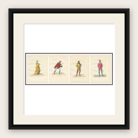 Set of Four Medieval Figures, Hand-Colored Costume Engravings, France 1845, shown framed