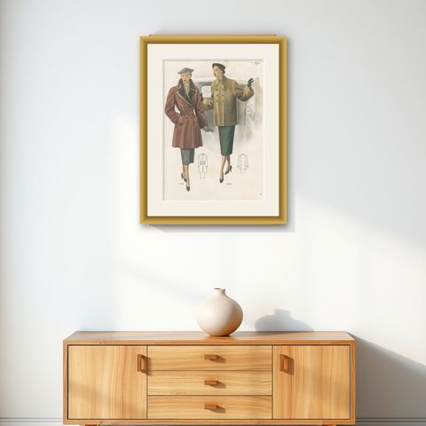 Vintage Fashion Print 'Pl. 14305' Published in Ladies Styles, 1952, shown framed on a wall