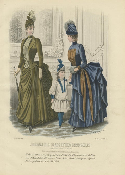 French Fashion Print, Parisian Ladies & Child Interior Scene, c.1887, close-up 1