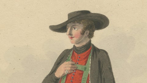 Upper Austria Folk Costume Pair, Antique Hand-Colored Lithographs, Vienna 1825, close-up 4