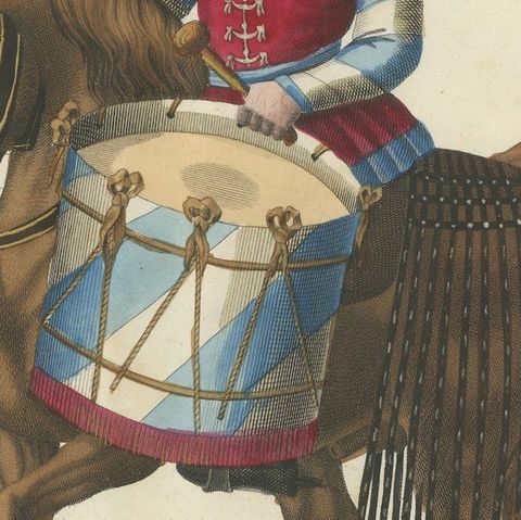 19th-Century Hand-Coloured Print of a Drummer on Horseback in Medieval Attire, close-up 5