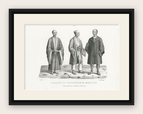 Antique Print of Japanese Men and their Costumes by Honegger (1845), shown framed