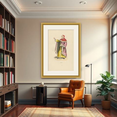 The Esteemed Jurist: A Magistrate's Robe in an Original Lithograph, 1847, shown framed in a room