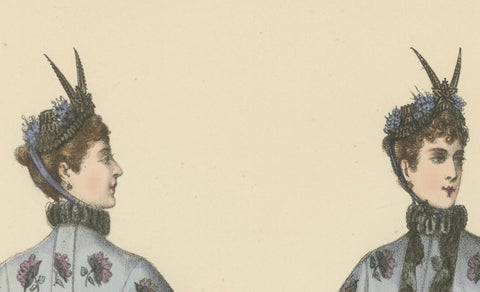 Victorian Elegance in Detail: A Fashion Lithograph by L. Michau, 1889, close-up 5