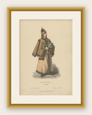German Prince Antique Costume Print by Lipperheide, c.1880, shown framed