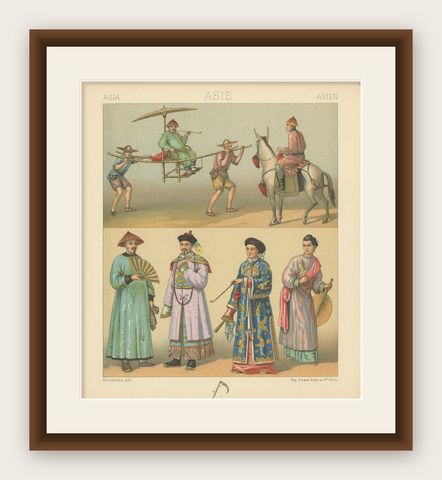 Pl. 57 Antique Print of Asian Costumes by Racinet, 'circa 1880', shown framed