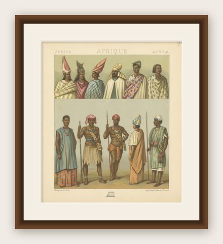 Pl. 92 Antique Print of African Costumes Racinet, 'circa 1880', shown framed