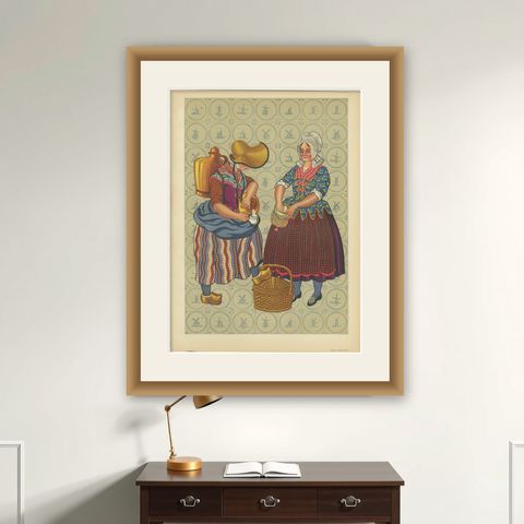 Early 19th c. Brabant Milkmaid & Townswoman in Folk Dress, Published in 1932, shown framed on a wall
