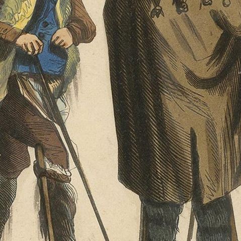 Antique Costume Print of Inhabitants of Landes by Wahlen, 1843, close-up 1