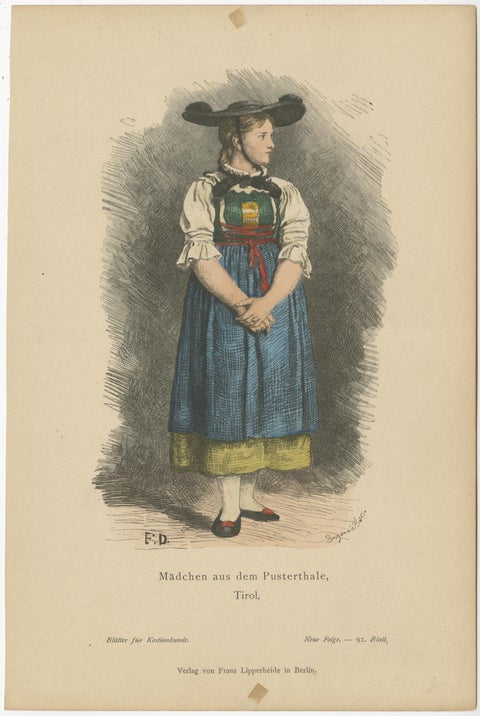 Antique Costume Print of a Girl from Val Pusteria, South Tirol, Italy, c.1880, view 2