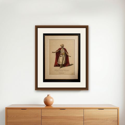 Habit of a Dervish of India, 1700, Hand-Colored Costume Engraving, shown framed on a wall