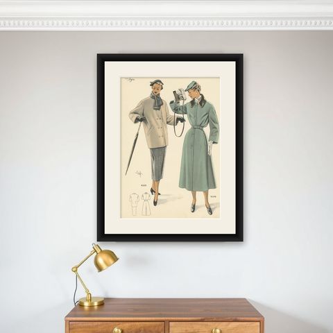 Vintage Fashion Print ‘Pl. 16508’ published in Le Tailleur Moderne, 1954, shown framed on a wall