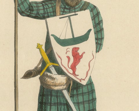 Scottish Knight in Tartan Attire with Heraldic Shield, Costume Di Moyen Age 1847, close-up 2