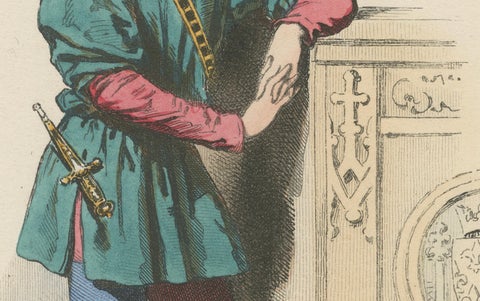 Antique French Costume Print of Medieval Page Boy, Hand-Colored, 19th Century, close-up 2