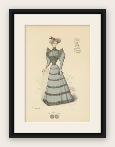 Elegant Fashions of 1889: Lithographs by L. Michau and M. de Solar, shown framed