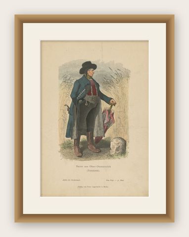 Antique Costume Print of a Farmer from the Region of Traunkreis by Lipperheide, shown framed