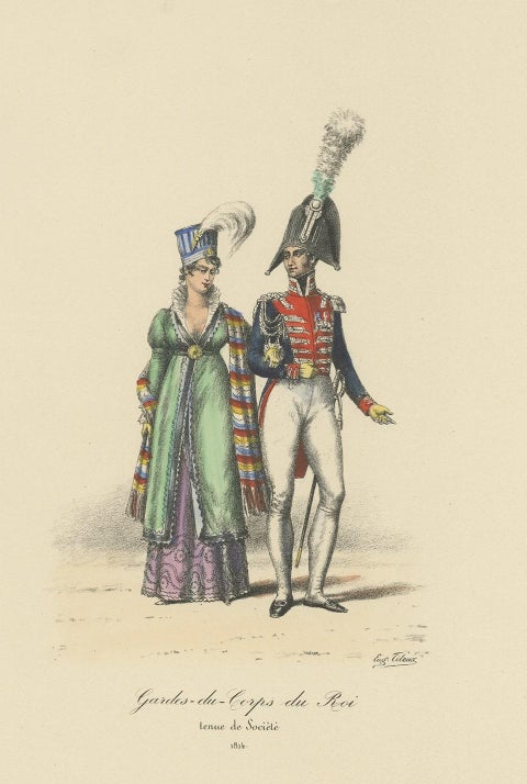 Old Hand-Colored Print of the Guards of the King of France, 1890, close-up 1
