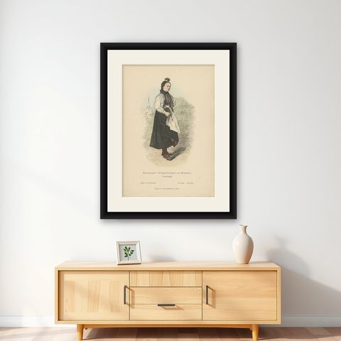 Old Costume Print of a Woman in Winter Costume from Montafon in Austria, Ca.1880, shown framed on a wall
