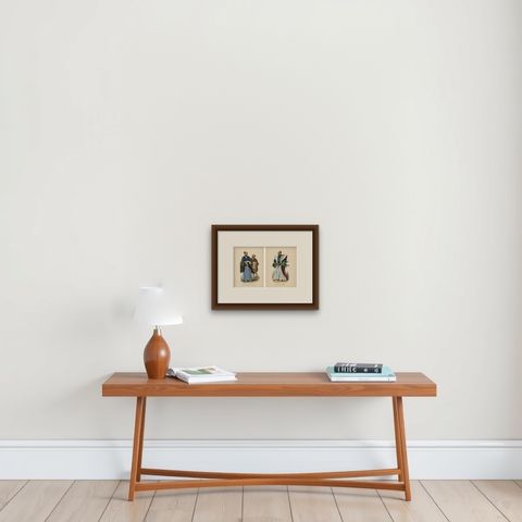 Japanese Nobleman & Samurai Court Dress Costume Lithographs, 1852, shown framed on a wall