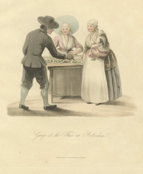 Group at the Fair at Rotterdam, Antique Ackermann Costume Print, 1817
