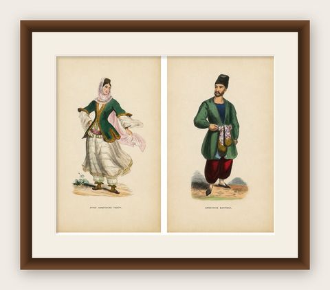 Antique Armenian Costume Prints, Hand-Colored Ethnographic Lithographs, 1852, shown framed