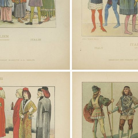 Italy 10th–16th Century, Set of Eight Antique Hand-Colored Costume Prints, 1880, close-up 2