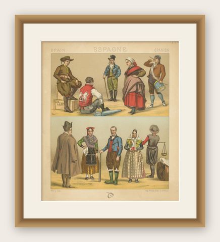 Pl. 176 Antique Print of Spanish Costumes by Racinet, 'circa 1880', shown framed