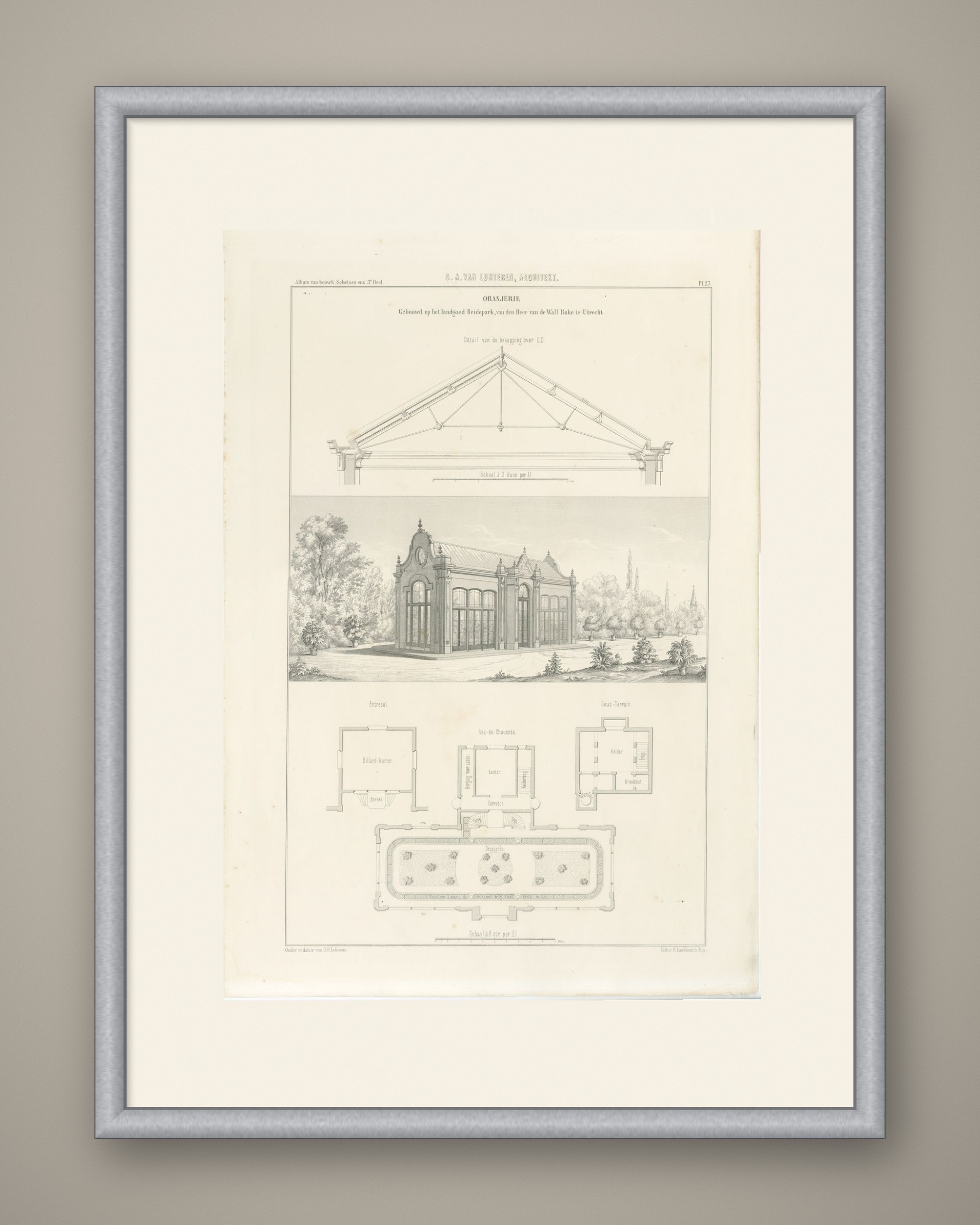 Orangery at Heidepark, Utrecht, Dutch Architecture Print, Leliman, 1865-1866, shown framed