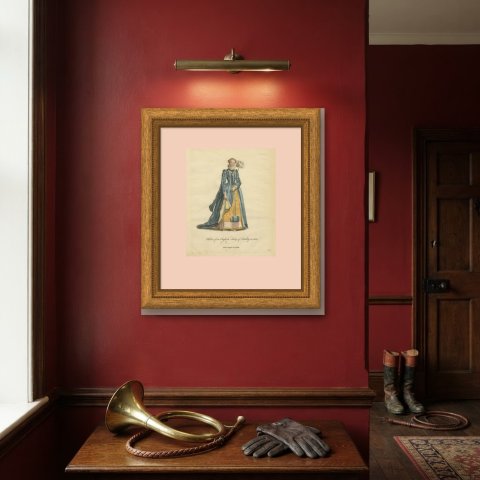 English Lady of Quality in 1588 with Feather Fan, Jefferys Costume Print, 1757, shown framed on a wall