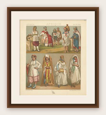 Pl. 85 Antique Print of African Costumes Racinet, 'circa 1880', shown framed