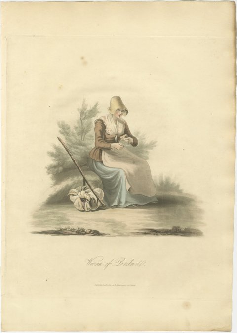 Woman of Brabant Resting with Staff and Bundle, Antique Ackermann Print, 1817, view 2