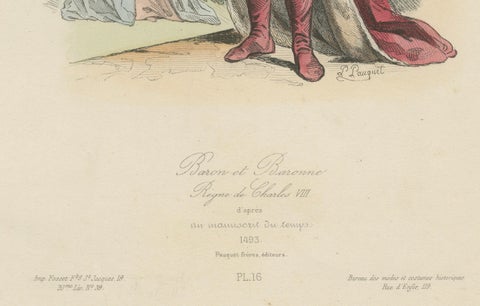 Antique French Costume Print of a Baron and Baroness in Medieval Attire, ca.1860, close-up 1
