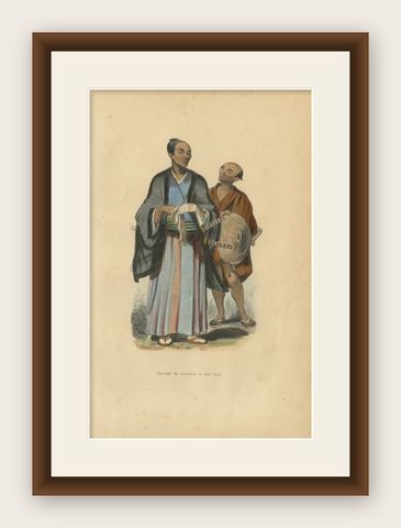 Antique Print of a Japanese Nobleman and his Servant, 1843, shown framed