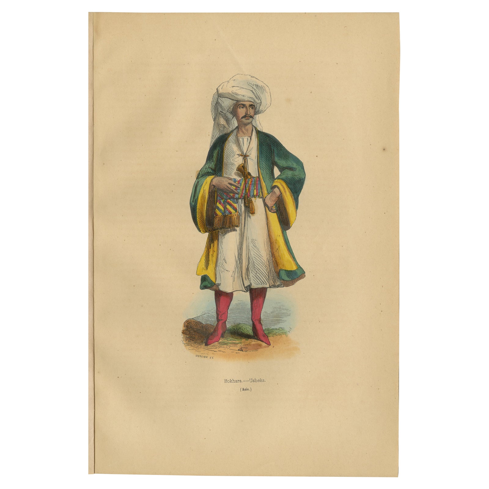 1844 Lithograph of a Bukharan Uzbek: Traditional Attire and Craft