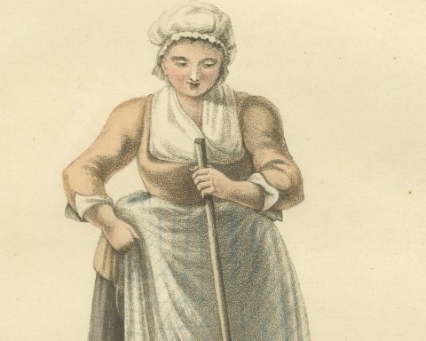 Maid Servant washing the Pavement, Dutch Cleanliness, Antique Print, 1817, close-up 1