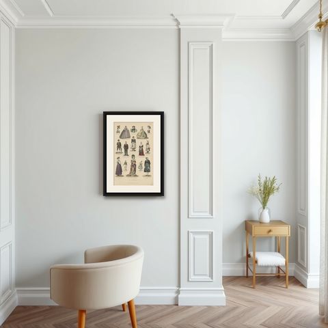 Antique Costume Print Including Costumes of Paris, Amsterdam, Norway and Others, shown framed in a room