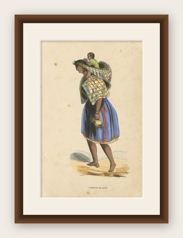 Antique Costume Print of a Woman in Quito by Wahlen, 1843, shown framed