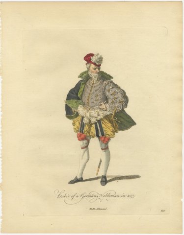 German Nobleman in Plumed Red Cap and Paned Hose, Costume of 1577, 1757, view 2