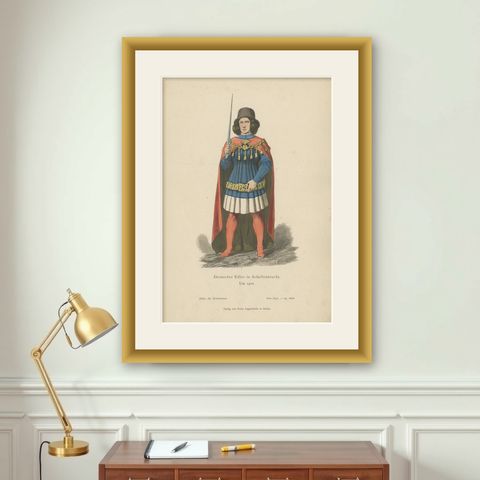 Antique Costume Print of a German Nobleman by Lipperheide, c.1880, shown framed on a wall