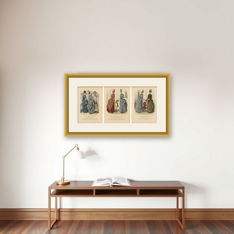 Set of 3 Antique French Fashion Plates, Paris Ladies & Children Scenes, c.1880, shown framed on a wall
