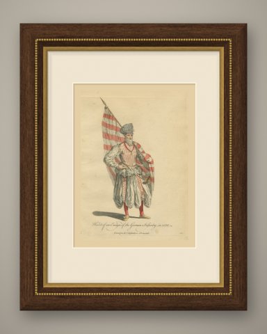 Ensign of the German Infantry with Red and White Flag, Costume of 1588, 1757, shown framed